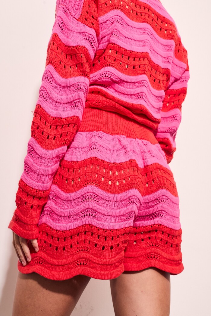 Short Tejido Textura Rayas Rojo