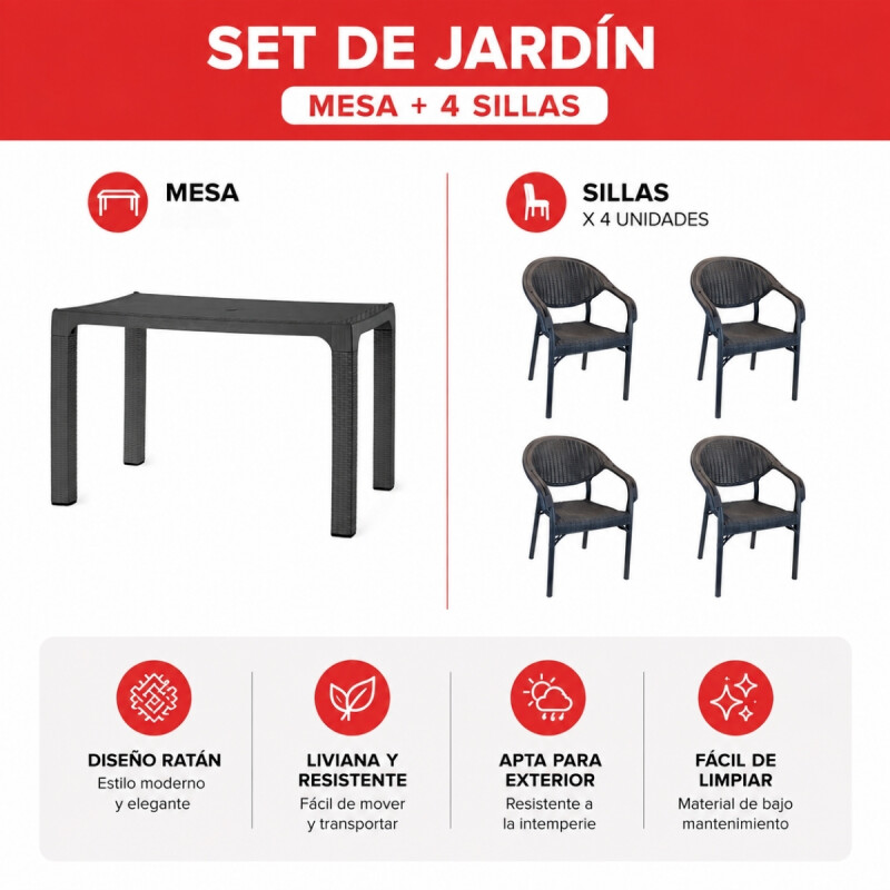 Mesa ratán 70x120 + 4 sillas con apoya brazos GRIS