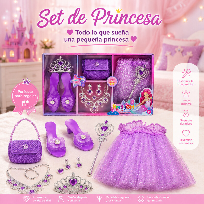 Set Disfraz Princesa Niña Corona Pollera Accesorios Cartera Set Disfraz Princesa Niña Corona Pollera Accesorios Cartera
