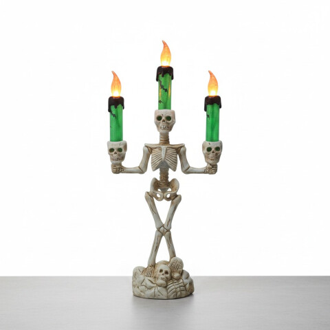 Candelabro Esqueleto 3 velas con luz led Decoración Halloween Verde con base blanca
