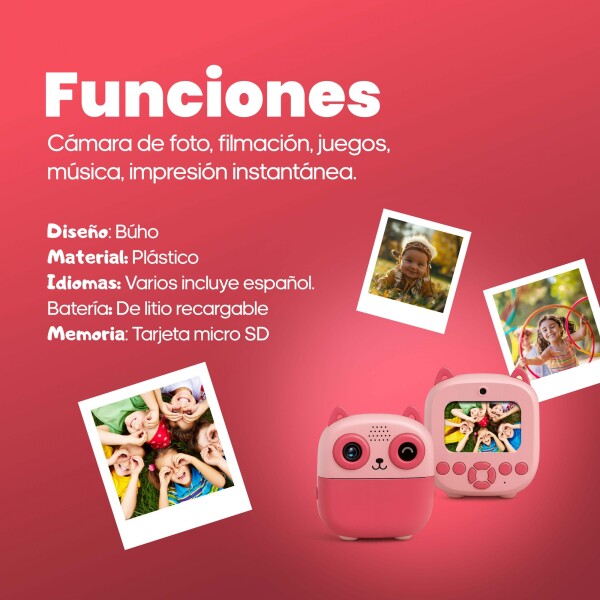Camara De Fotos Buho Infantil Impresion Instantanea Polaroid Variante Color Rosa