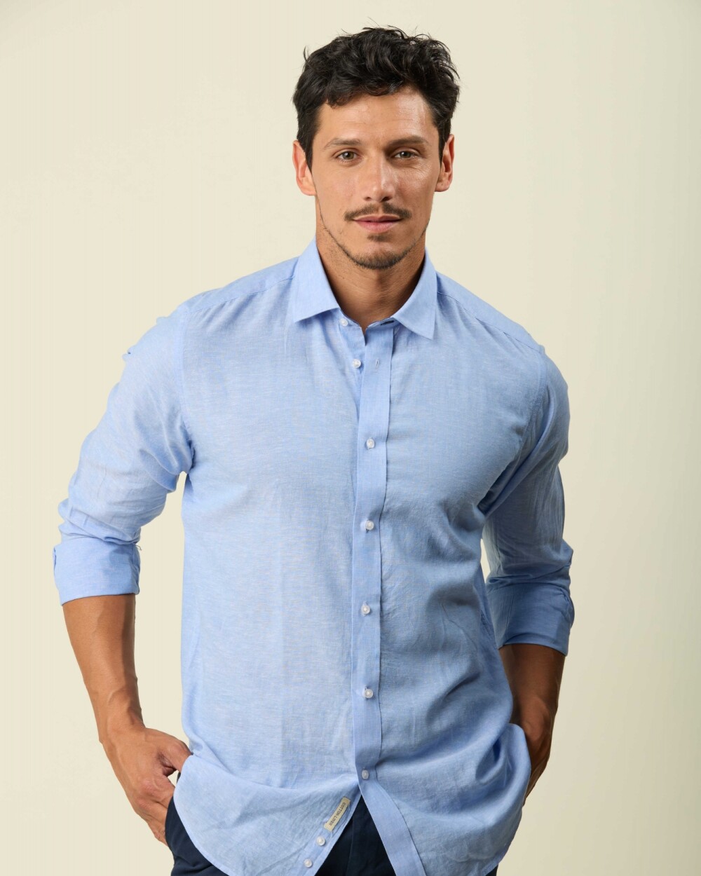 Camisa Lino Algodón Manga Larga Celeste