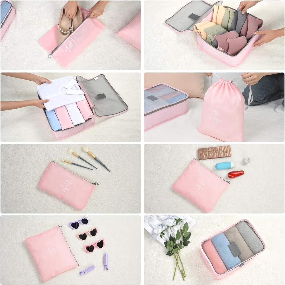 Kit Organizador de Viaje 8 Piezas Rosa