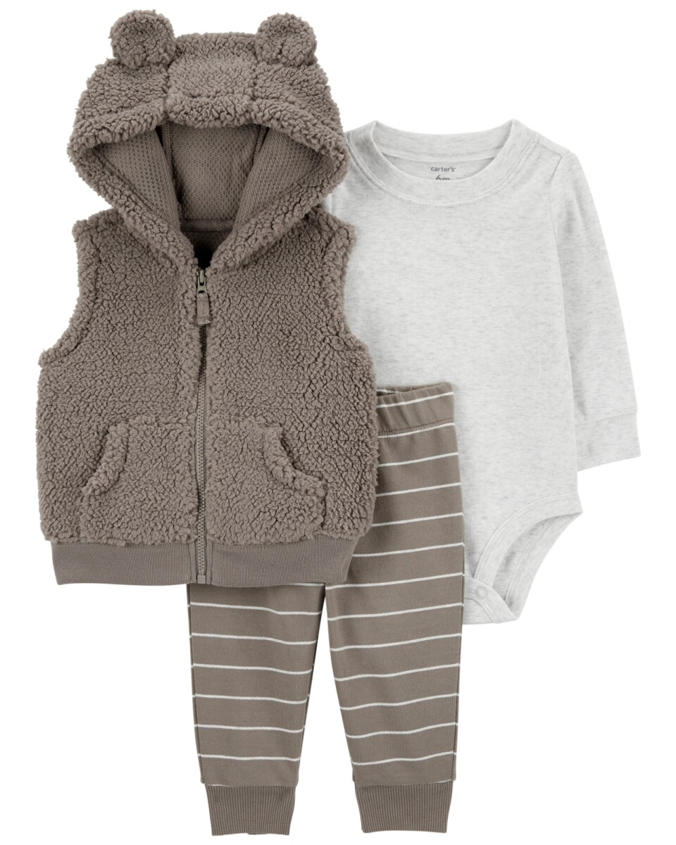 Set tres piezas, chaleco de sherpa, body y pelele de algodón 