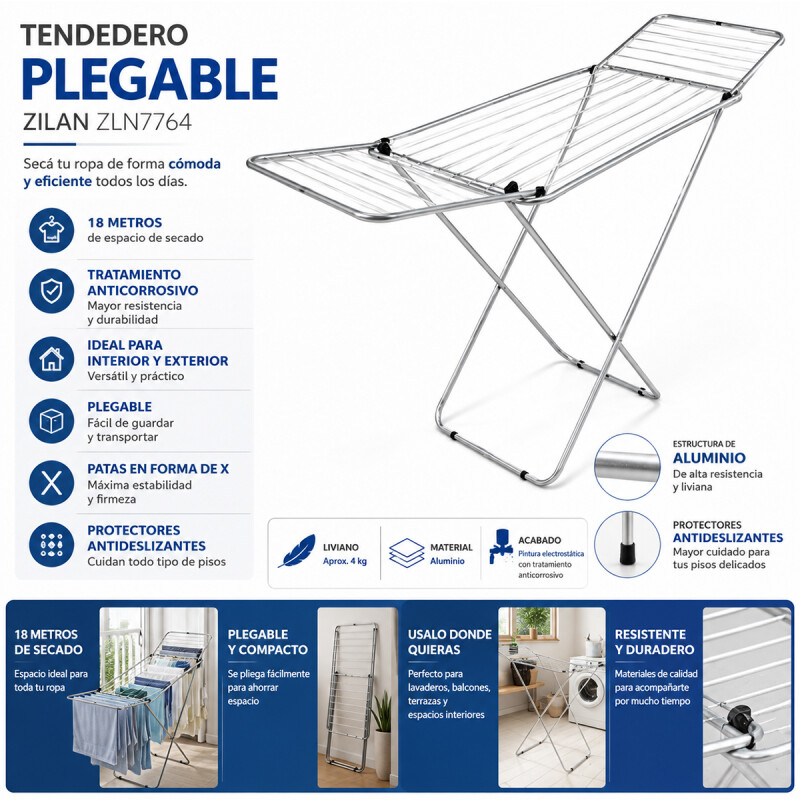 TENDEDERO DE PIE PLEGABLE PARA ROPA ZILAN ALUMINIO 18Mts Tendedero De Pie Plegable Para Ropa Zilan Aluminio 18mts