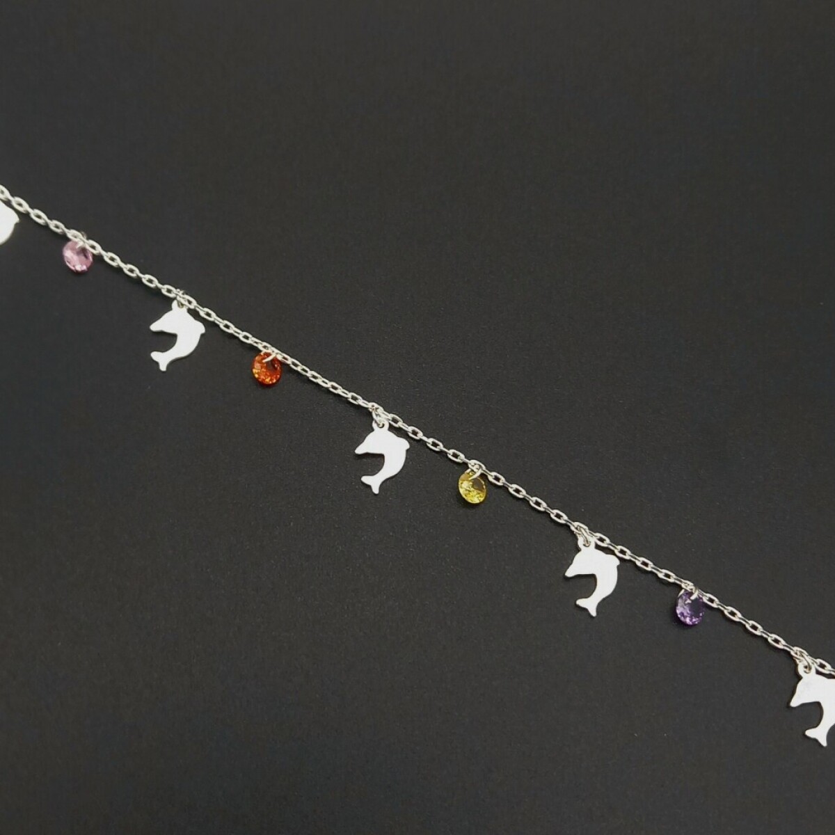 Tobillera de Plata con Delfines y Cristales - Largo 27 cm 