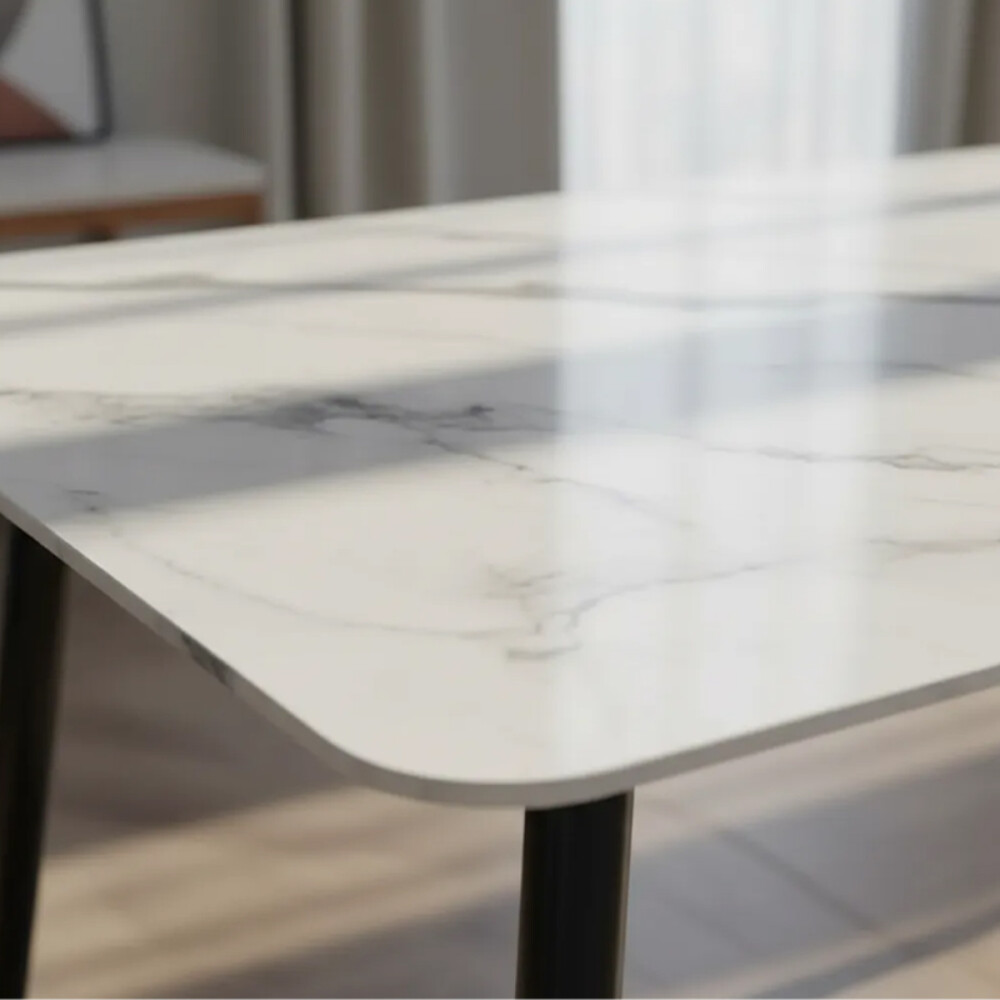 Mesa De Comedor Vidrio Símil Marmol 1.40x0.80m Patas De Hierro Blanco