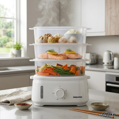 Vaporera eléctrica 9lts Daewoo | 3 Bandejas | Color blanco Vaporera eléctrica 9lts Daewoo | 3 Bandejas | Color blanco
