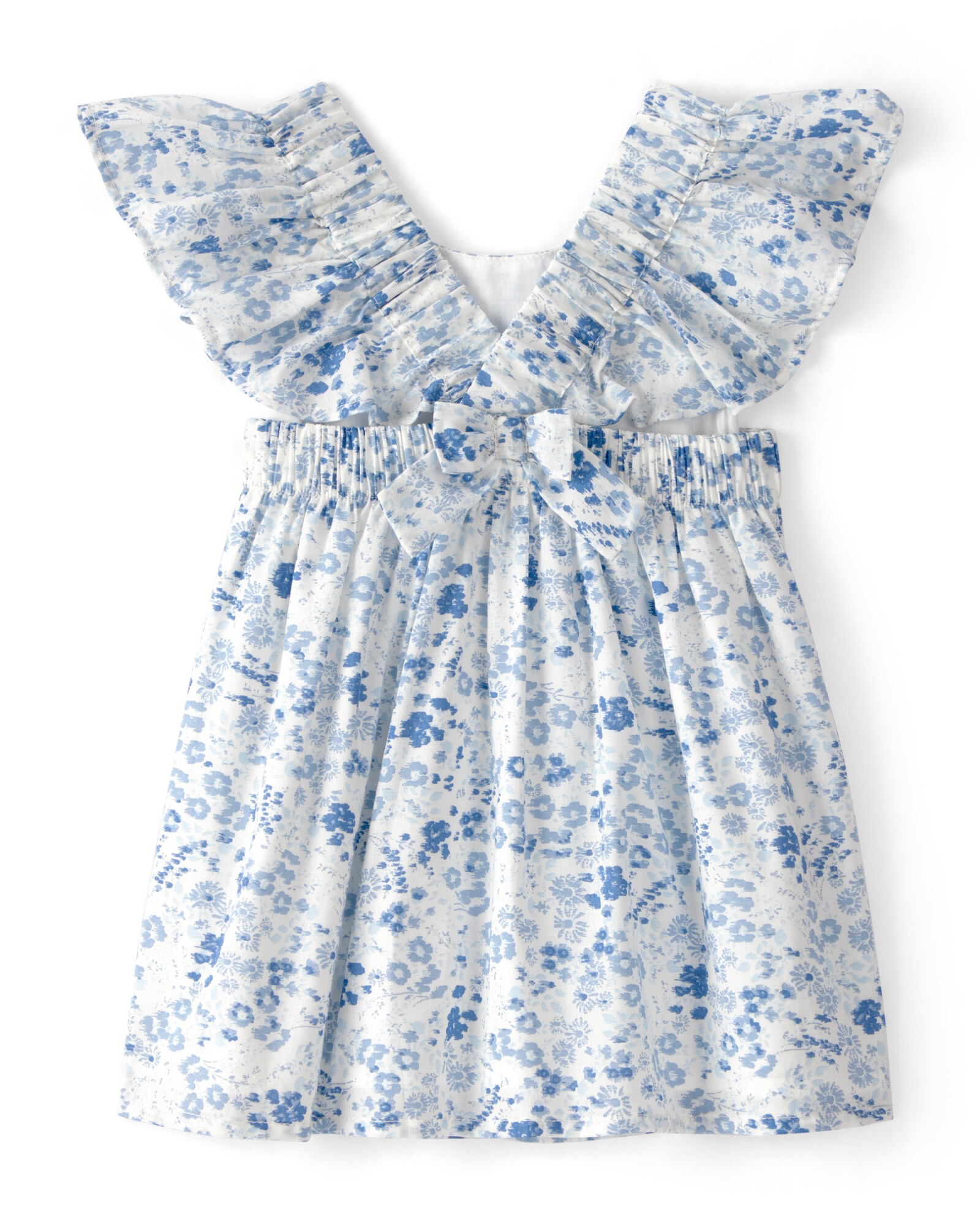 Vestido de algodón, mangas con volados, blanco y azul, diseño floral Sin color