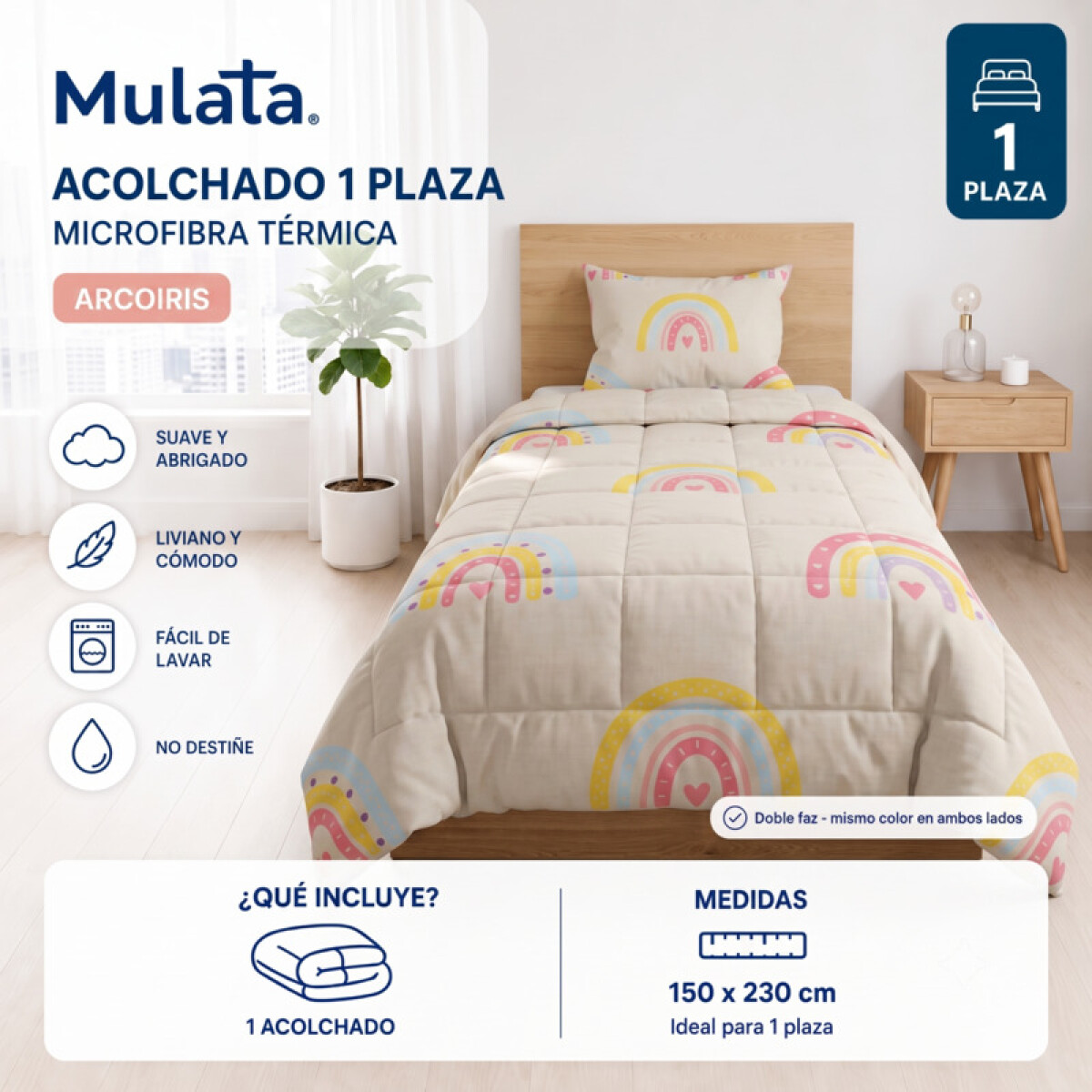 Acolchado 1 Plaza Doble Faz Microfibra Térmico 150 x 230cm - Arcoiris 