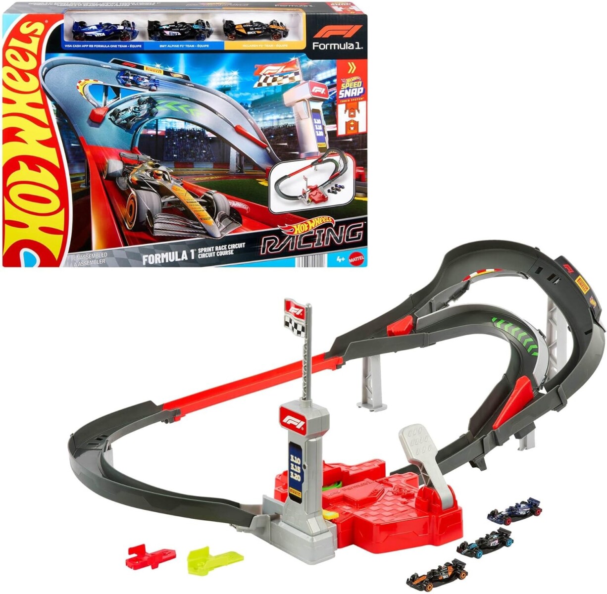 Hot Wheels Conjunto de pista coches de juguete, 3 vehículos metálicos de Formula 1 