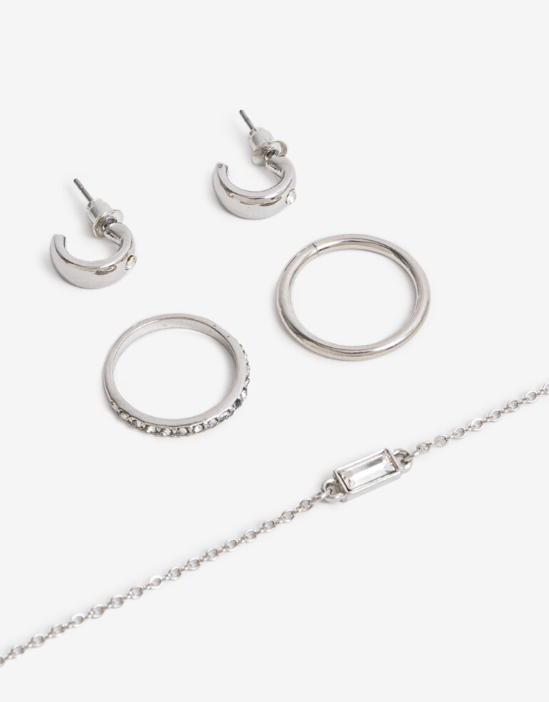 Bijouterie Set Metal Bijou Set Metal Aros Pulsera Y Anillos - Plateado