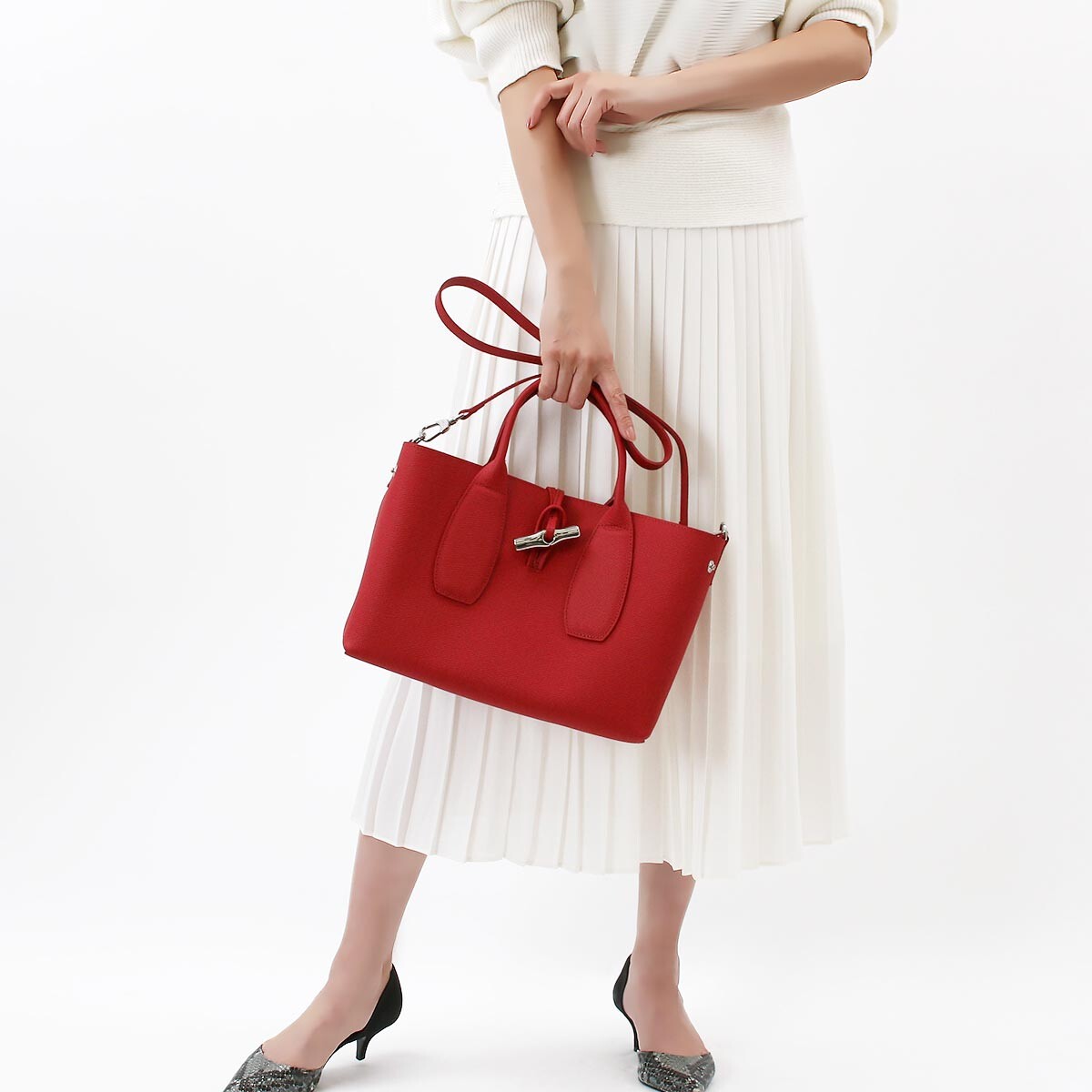 Longchamp -Cartera de cuero con gran capacidad, Roseau - Rojo 