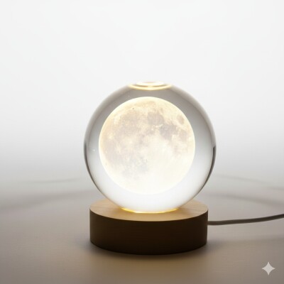 Lámpara veladora 3D diseño luna base de madera 8" Lámpara veladora 3D diseño luna base de madera 8"
