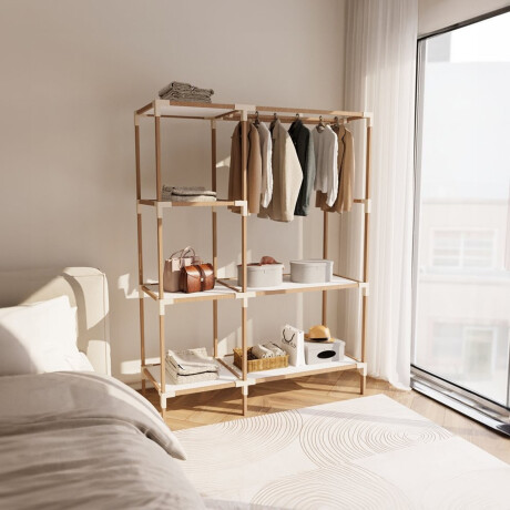 Perchero Organizador Armario con Colgador Estantes Madera PP Natural