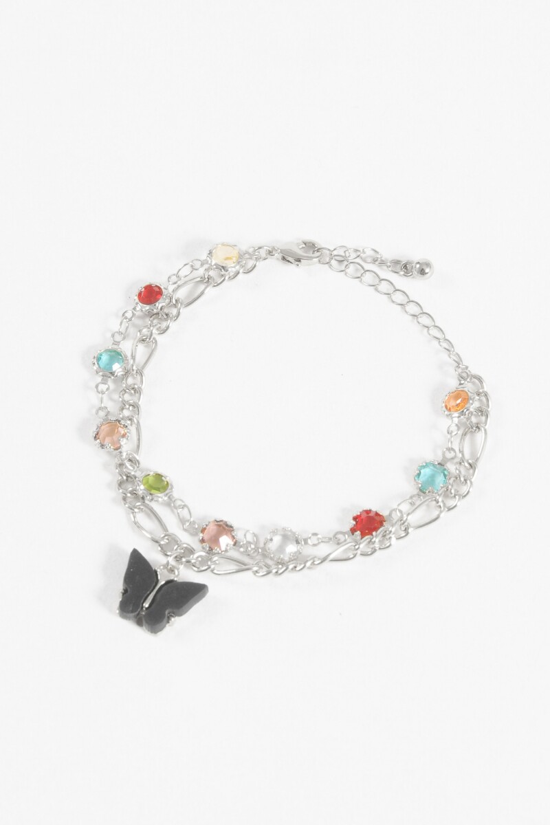 Pulsera doble cadena dije mariposa plateado