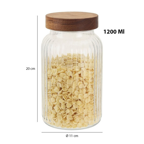 Frasco Recipiente de Vidrio Labrado 1200Ml Tapa Rosca Madera Transparente