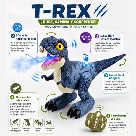 Dinosaurio a control remoto con luces y humo Azul