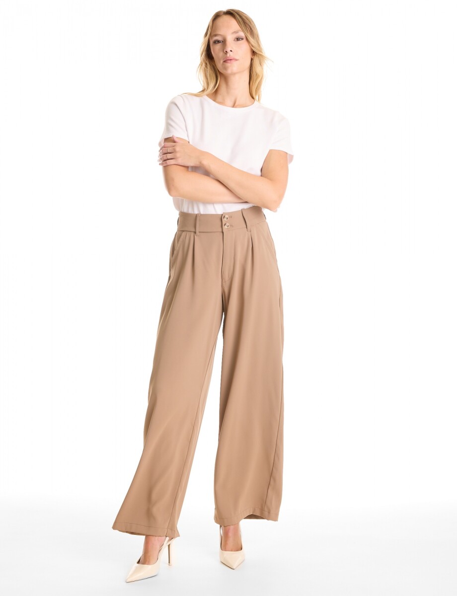 Palazzo Con Doble Botón & Cintura Elástica - Beige 