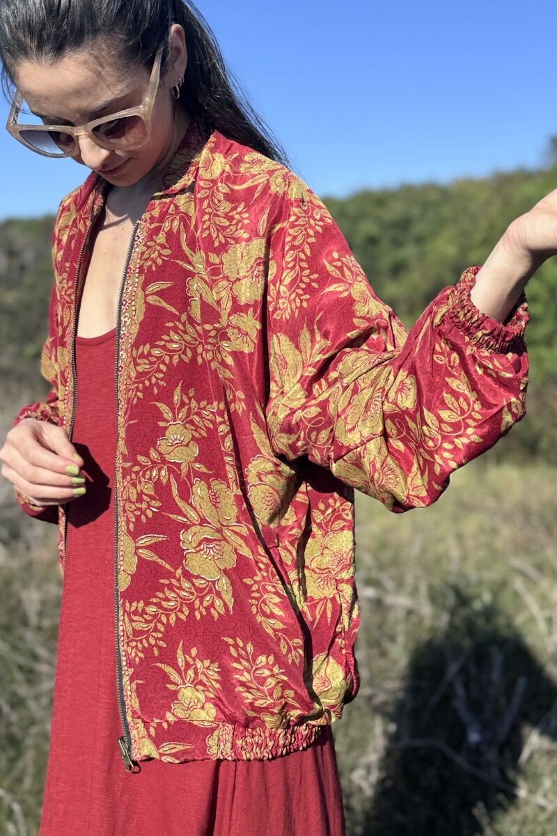 Campera bomber de seda Rojo y verdes