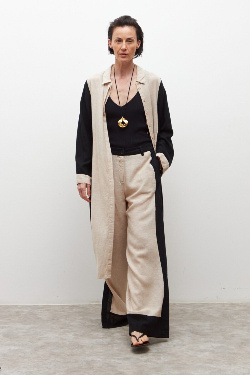 Pantalón ancho de lino bicolor con tajos - negro 