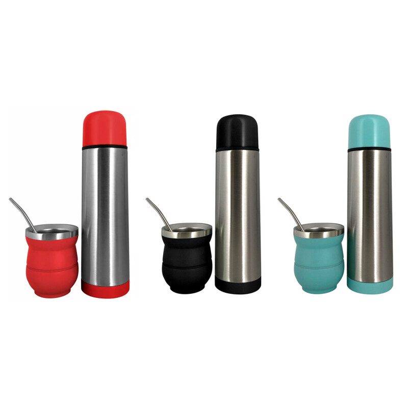 Set Termo Selecta 500ml + Mate + Bombilla Para Mate Y Bebidas Calientes Negro