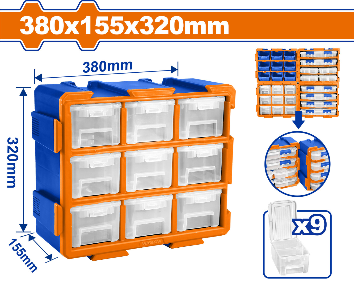 ORGANIZADOR MODULAR TRANSPARENTE 380X155X320MM C GAVETAS WADFOW WTB8331 