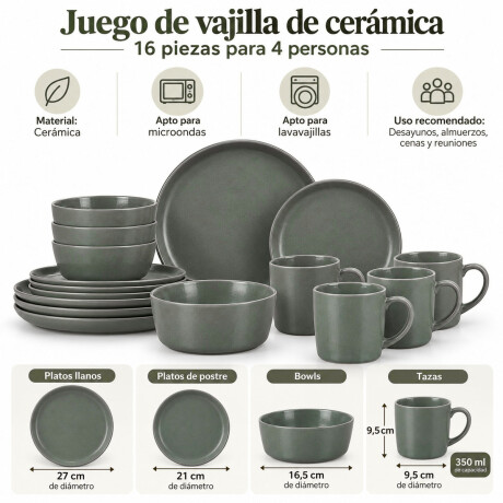 Juego Vajilla 16 Piezas Cerámica 4 Personas Diseño Moderno Gris
