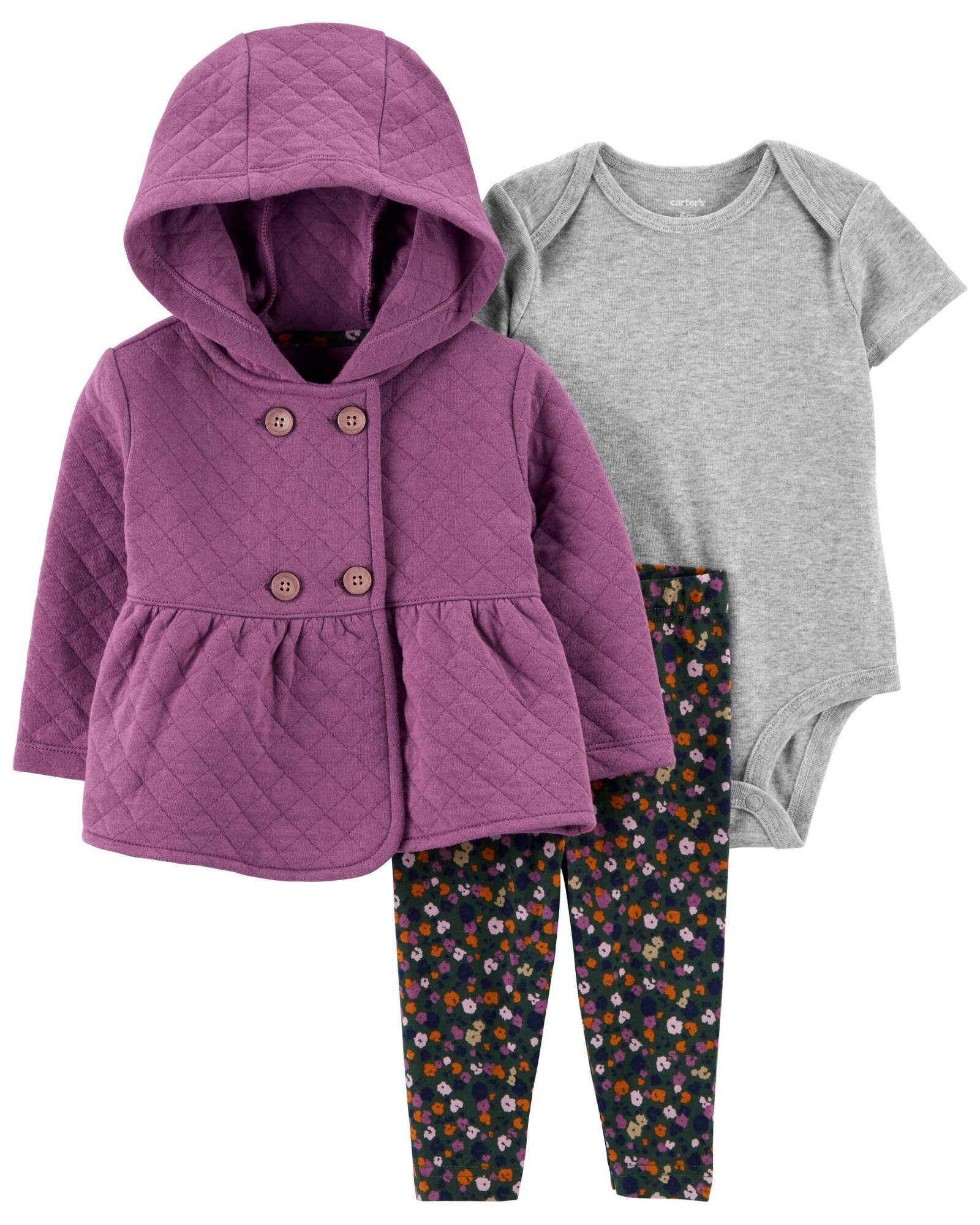 Set tres piezas de algodón, campera capitoneada, calza y body Set tres piezas de algodón, campera capitoneada, calza y body
