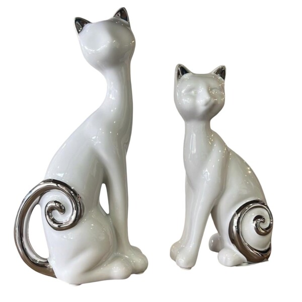 Juego de 2 Gatos En Cerámica - Blanco Y Plateado Juego de 2 Gatos En Cerámica - Blanco Y Plateado