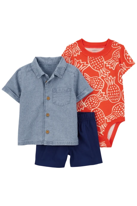 Set tres piezas, short y body de algodón más camisa de chambray Set tres piezas, short y body de algodón más camisa de chambray
