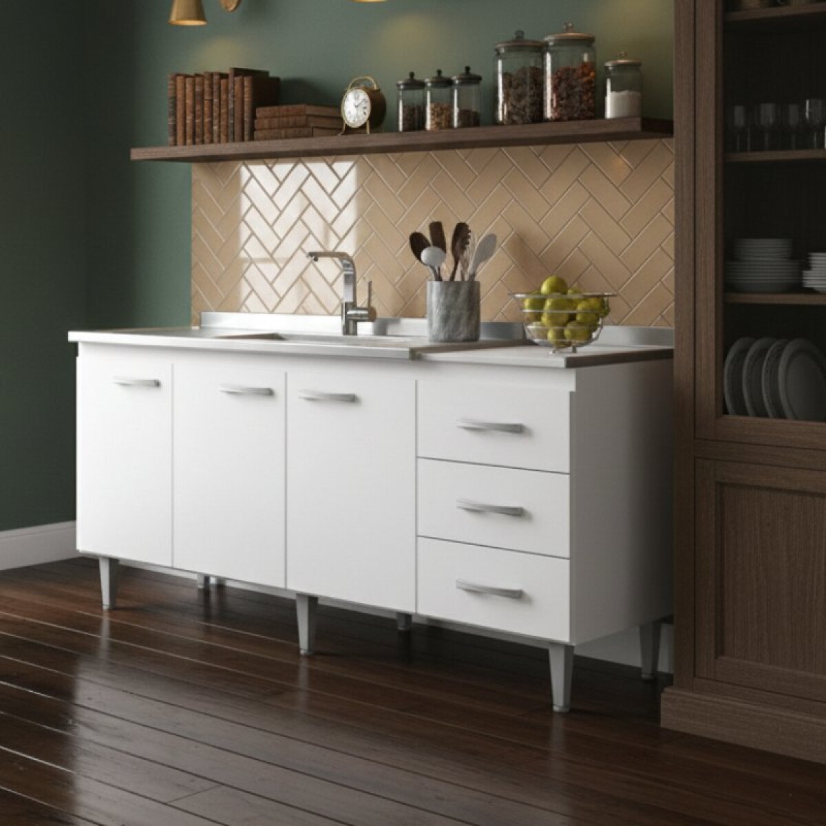 Bajo Mesada 3 Puertas 3 Cajones 160 cm de Ancho Patas Ajustables - Blanco 