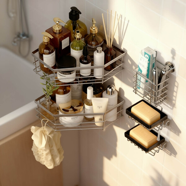 Set X5 Estante Organizador Esquinero Ducha Baño Jabonera Accesorios Con Adhesivo Imback Color Plateado Set X5 Estante Organizador Esquinero Ducha Baño Jabonera Accesorios Con Adhesivo Imback Color Plateado