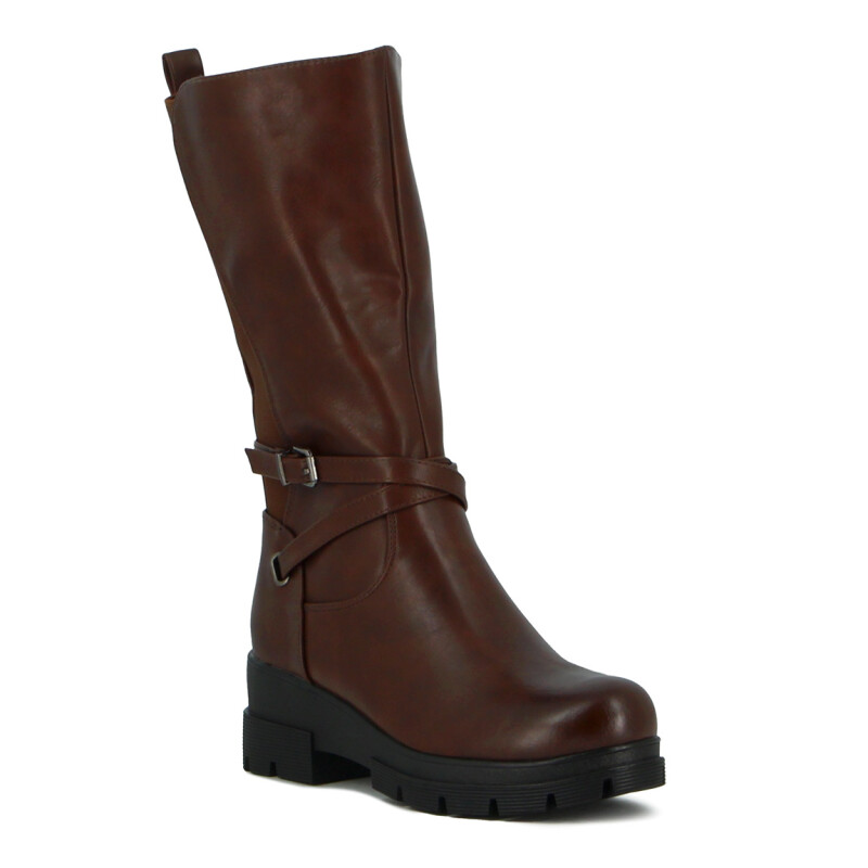 Darkness Bota De Dama Caña Media C/ Dos Tiras Cruzadas Y Hebilla - Marron Os Marron Oscuro