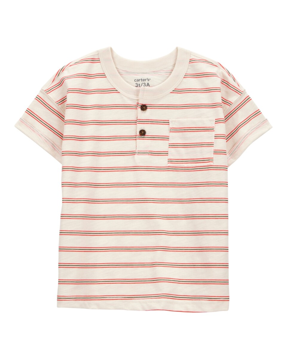 Remera henley de algodón, manga corta, diseño a rayas 