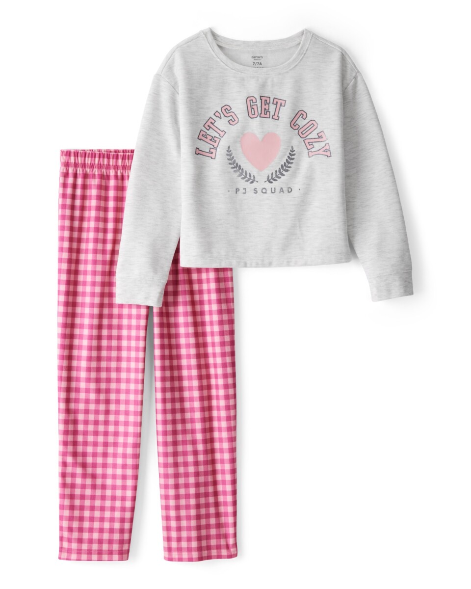 Pijama dos piezas de poliéster, remera estampada y pantalón a cuadros 