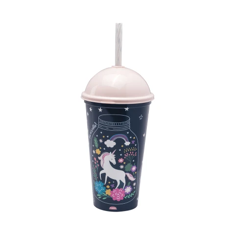 Vaso Plástico Milkshake con Pajita 500 ml Varios Diseños Unicornio