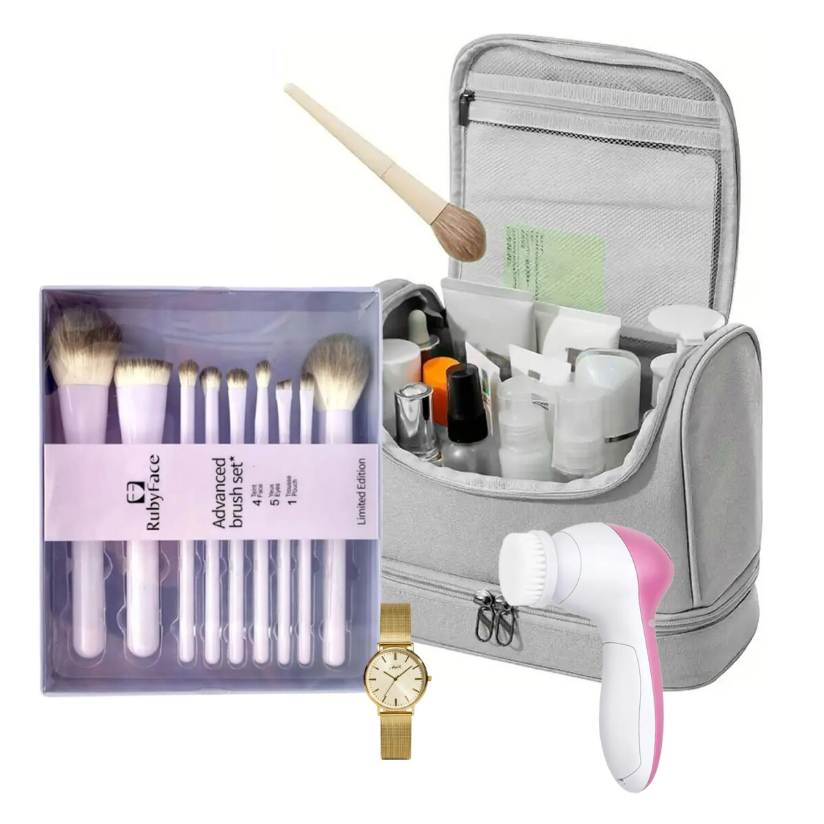 Set Reloj + Brochas Maquillaje + Neceser + Spa Facial 5en1 - Dorado 