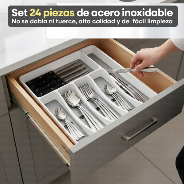 Set de 24 Cubiertos IMBACK IBK-HMJ077 | Acero Inoxidable con Cubertero Organizador de 6 Compartimentos Set de 24 Cubiertos IMBACK IBK-HMJ077 | Acero Inoxidable con Cubertero Organizador de 6 Compartimentos