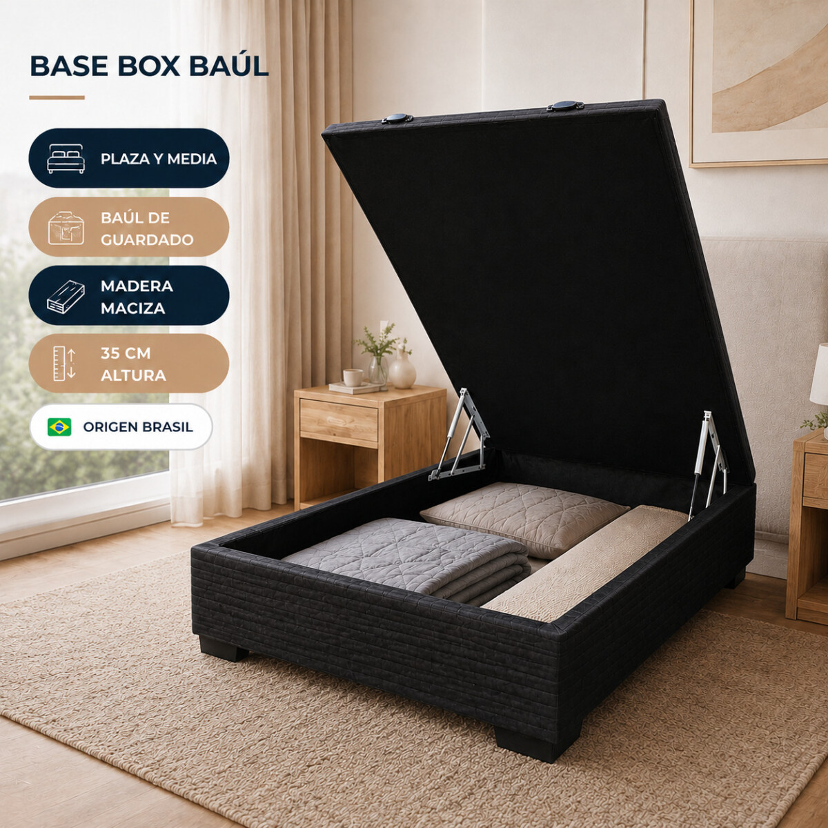Base para Sommier Colchon Baul 1 Plaxa y media - 110 x 188 x 35 cm - Estructura Madera Maciza - Negro 