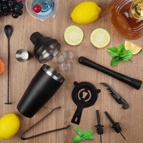 Juego Coctelería 12 Pzas Barman Bartender Tragos Acero Inox Negro