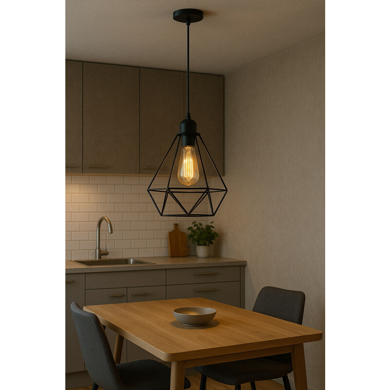 Lampara Colgante Jaula Diamante LED + Bombita Negro