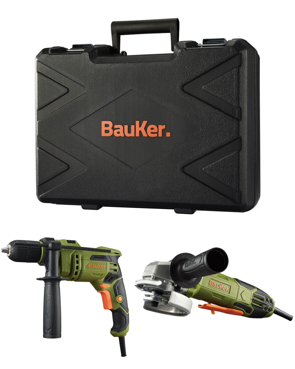 Set Bauker taladro 650W y amoladora 850W + maleta y accesorios 