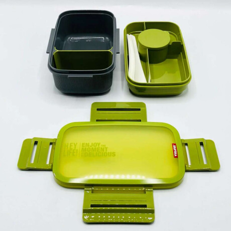 Vianda doble piso con cubiertos, division y tapa Verde