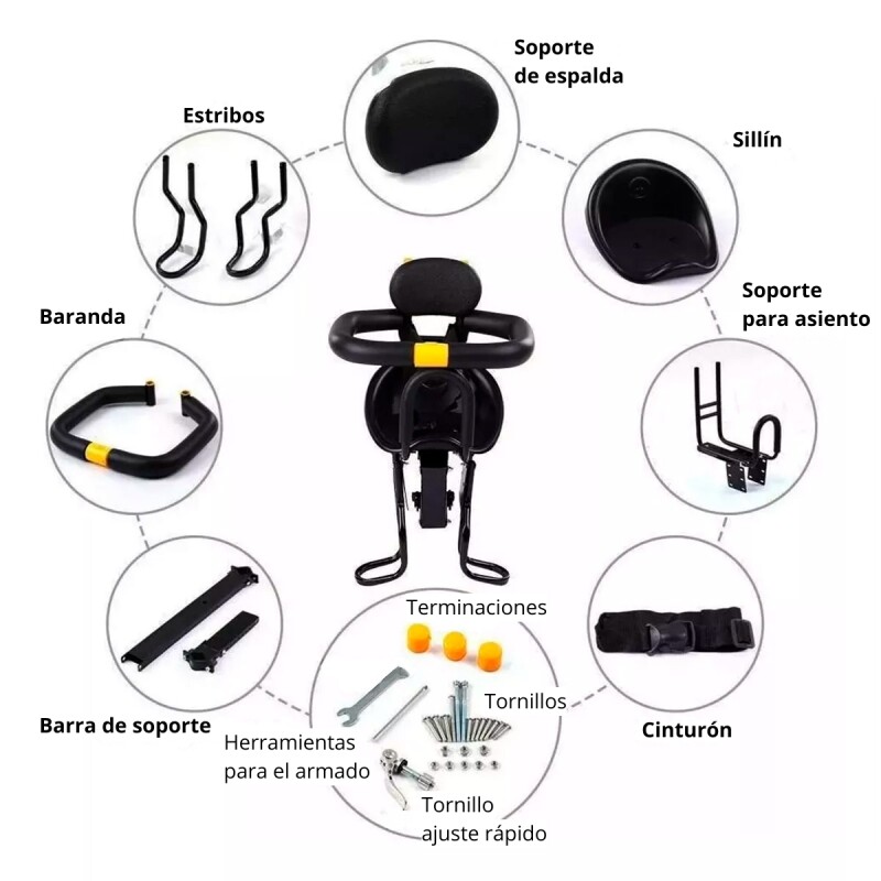 Asiento de bicicleta frontal para niños NEGRO