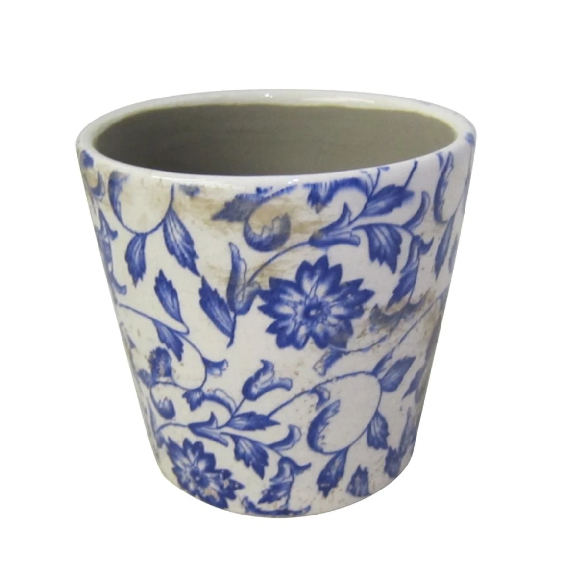 MACETA CERAMICA 14X14X13CM FLORES HOJAS AZUL 