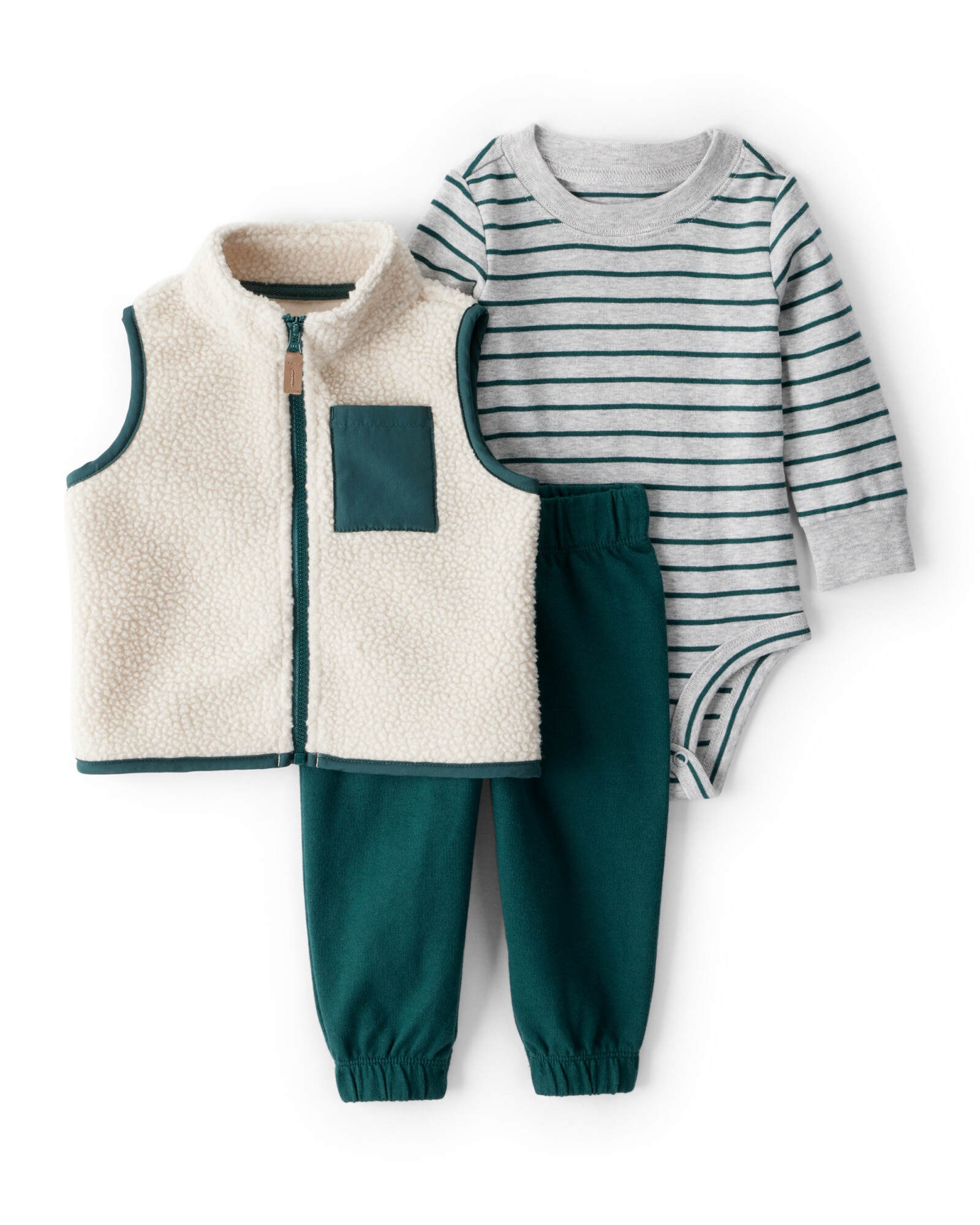 Set tres piezas, chaleco polar, pantalón y body de algodón Sin color