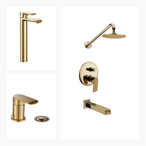 JUEGO DE GRIFERIA COMPLETO. INCLUYE DUCHA EMBUTIDA, VISTA, LAVATORIO ALTO Y BIDET ORO SEMI MATE AQUALIA 000