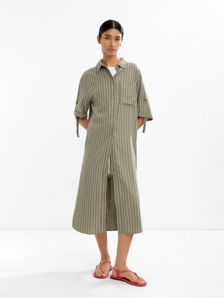 Vestido Camisero A Rayas Mezcla De Lino verde