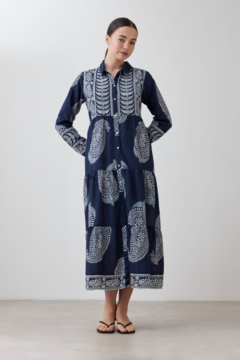 Maxi vestido estampado arabescos azul marino